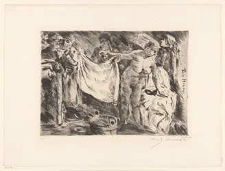 Gruppe von Frauen, davon eine nackt und eine andere ein Tuch hochhaltend. Die Hexen (Titel auf dem Objekt)