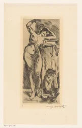 Weiblicher Akt mit Fächer in der Hand und rechts von ihr eine zusammengekauerte Figur