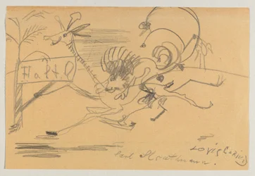 Zeichnung auf bedrucktem Papier von Corinth an Strathmann