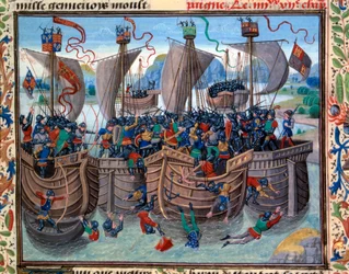 Ansicht der Schlacht von Guernsey zwischen Franzosen und Engländern im Jahr 1342 (Miniatur von Loyset Liedet)