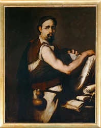 Philosoph mit einer Feldflasche am Gürtel