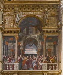 Genua, Duomo (St. Laurentius Kathedrale), innen, Lercari-Kapelle oder Kapelle des Allerheiligsten Sakraments (nördliche Apsis), Südseite: "Die Verlobung der Jungfrau", Fresko von Luca Cambiaso