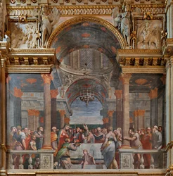 Genua, Duomo (St. Laurentius-Kathedrale), innen, Lercari-Kapelle oder Kapelle des Allerheiligsten Sakraments (nördliche Apsis), Nordseite: "Darstellung im Tempel", Fresko von Luca Cambiaso