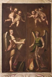 Genua, Dom (Kathedrale St. Laurentius), Sakristei, Kapelle: "Engel mit bischöflichen Insignien, Büchern und Palmzweigen", von Luca Cambiaso, um 1580