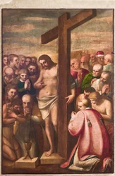 Genua, Duomo (St. Laurentius-Kathedrale), Sakristei, Kapelle: "Eucharistischer Christus, angebetet von Heiligen", von Luca Cambiaso, um 1580