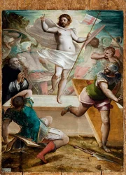 Auferstehung, Jesus hält ein Kreuzstab mit einer roten Kreuzstandarte