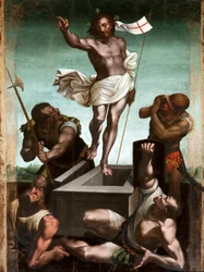 Die Auferstehung Jesu Christi mit einem Kreuzstab und einer weißen Fahne mit rotem Kreuz.