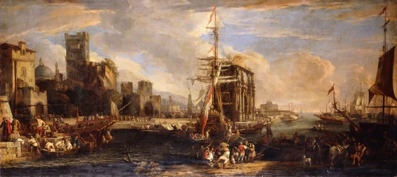 Ein Capriccio eines Mittelmeerhafens mit österreichischen Schiffen, Kaufleuten und Seeleuten auf den Kais im Vordergrund, einer Milizgesellschaft in der Nähe des Konstantinsbogens und Castel Sant
