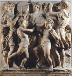 Kinder und Putten tanzen, singen und spielen, Detail von Cantoria (Chorgalerie)