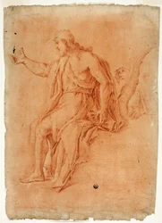 Johannes der Täufer predigt (recto); Männlicher Akt mit erhobenen Armen und Skizzen von Köpfen (verso)