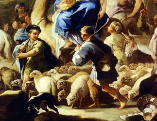 Schafe und Hirten, Detail aus Rebeccas Abreise nach Kanaan, von Luca Giordano (1634-1705)