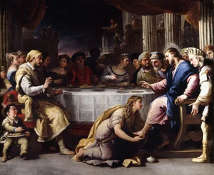 Die Magdalena wäscht Christus die Füße im Haus des Simon