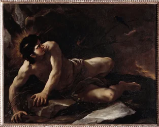 Die Versuchung des heiligen Benedikt, der sich in die Brombeeren wirft, um Versuchungen zu vermeiden