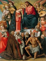 Krönung der Jungfrau mit Engeln und Heiligen, 1523.