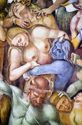Verdammte in der Hölle, Selbstporträt von Luca Signorelli als blauer Dämon (Detail)