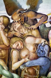 Verdammte in der Hölle, Selbstporträt von Luca Signorelli als blauer Dämon (Detail)