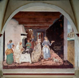 Leben des heiligen Benedikt von Nursia (ca. 480-547): Wie Benedikt den Mönchen sagte, wo und wann sie außerhalb des Klosters essen sollten (Fresko)