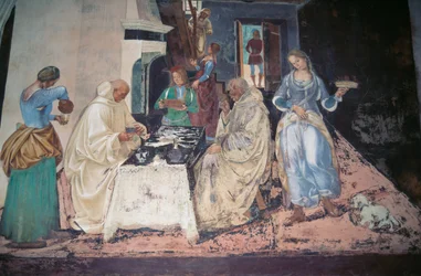 St. Benedikt tadelt zwei Mönche, die die Regel verletzt haben, Szene aus den Geschichten von St. Benedikt von Monte Oliveto Maggiore