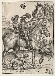 Ein Herr und eine Dame reiten zur Jagd