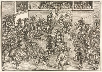 Das zweite Turnier mit dem Wandteppich von Samson und dem Löwen