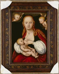 Die Jungfrau und das Kind, dreiviertel Länge, mit Putti, die einen Vorhang halten