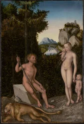 Ein Faun und seine Familie mit einem erlegten Löwen