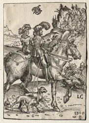 Ein Herr und eine Dame reiten zur Jagd