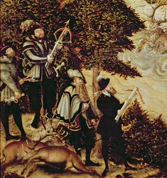 Johann Friedrich der Großmütige, Kurfürst von Sachsen und Kaiser Karl V. jagen Hirsche in der Nähe von Schloss Hartenfels, Torgau, 1544 (Detail)