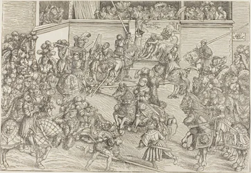 Das zweite Turnier mit einem Wandteppich, der Samson und den Löwen zeigt