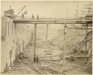 Bau des erweiterten Limehouse-Beckens, London, Mai 1869