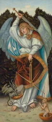 Der Erzengel Michael hält die Waage der Gerechtigkeit