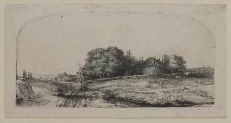 Landschaft mit Heuschober und Schafherde