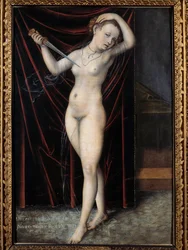 Lucretia gibt sich selbst den Tod. Der Selbstmord der Lucretia, einer römischen Dame des 6. Jahrhunderts v. Chr. Gemälde von Lucas Cranach (1472-1553), 16. Jahrhundert. Besançon, Museum der Schönen Künste