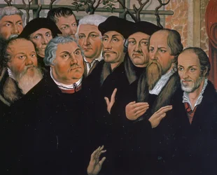 Martin Luther mit Vertretern der protestantischen Reformation, rechts Melanchthon, in der Mitte Erasmus von Rotterdam, Detail aus der Auferstehung des Lazarus