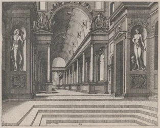 Ansicht in einer Kirche mit korinthischen Säulen und Statuen von Apollo, Melpomene und Moses