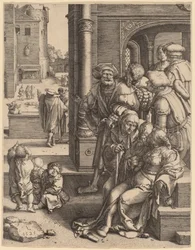 Der Dichter Virgil in einem Korb aufgehängt