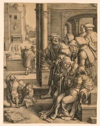 Der Dichter Virgil in einem Korb aufgehängt