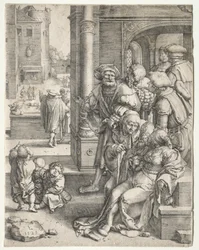Der Dichter Virgil in einem Korb aufgehängt