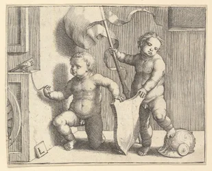 Zwei nackte Kinder, die einen leeren Schild halten, ca. 1510
