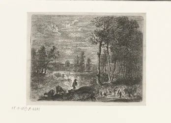 Landschaft bei Nacht mit Bauern und Vieh