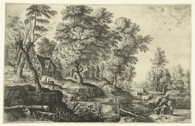 Landschaft mit Männern, die einen Wagen schieben