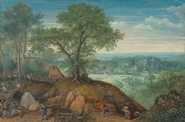 Weite Landschaft mit plündernden Soldaten