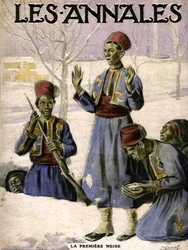 Der erste Schnee: Eine Gruppe senegalesischer Scharmützler entdeckt den Schnee (Gravur)