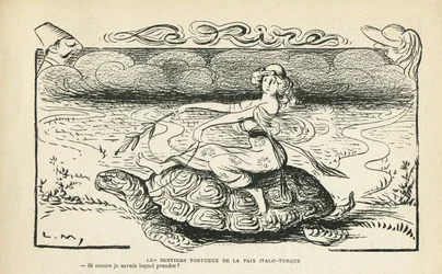 Illustration in Le Rire, 05/10/12 - Die verschlungenen Pfade des Friedens Italo-türkisch - Krieg, Türkei, Italien, Frieden - Schildkröte - Animation, Allegorie (Gravur)