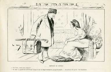 Illustration in Le Rire, 24/08/12 - Rückkehr aus Russland - Antiklerikalismus, Russland, Präsident der Republik, Hüte, offizieller Besuch - Marianne, Poincare Raymond (Gravur)
