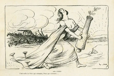 Illustration in Le Rire, 03/05/13 - Vertrautes Lied - Balkan, Waffen, Granaten, Frieden, Erster Weltkrieg (Gravur)