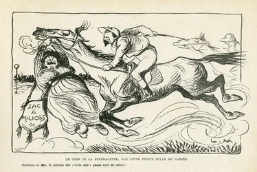 Illustration in Le Rire, 28/06/13 Der Schlag der Suffragette, von dieser kleinen Verrückten Jaures (Gravur)