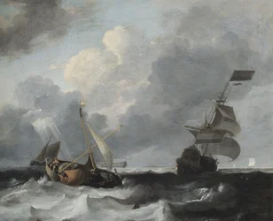 Ein Sturm vor der Küste mit Kriegsschiffen und Fischerbooten