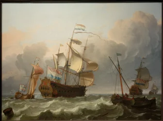 Ein niederländisches Flaggschiff mit einer Jacht vor ihrem Heck