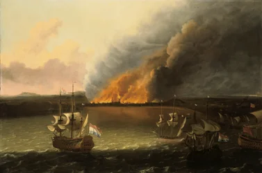Meereslandschaft mit Feuer in der Ferne, 1667